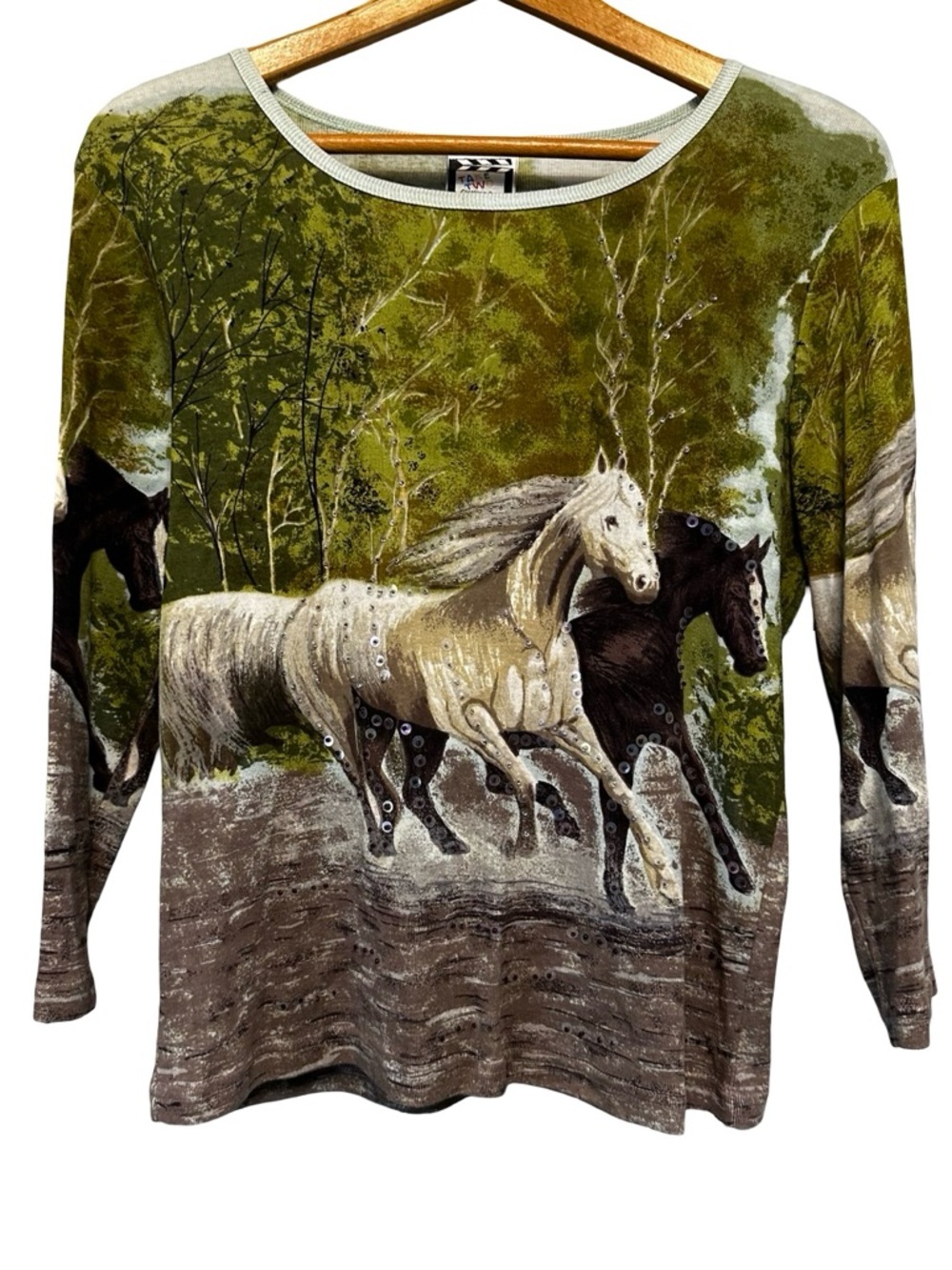 Horse Print Top Western Nature Scene Blouse Medium 3/4 Sleeve Cottagecore Sequin